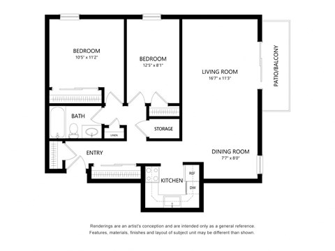 Floor plan for 2 beds, 1 bath, 840 sqft
